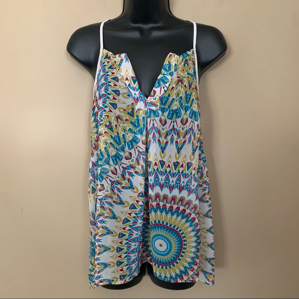 Allen B Multicolor Geometric Mandala Print T- Strap Sheer Tank Top